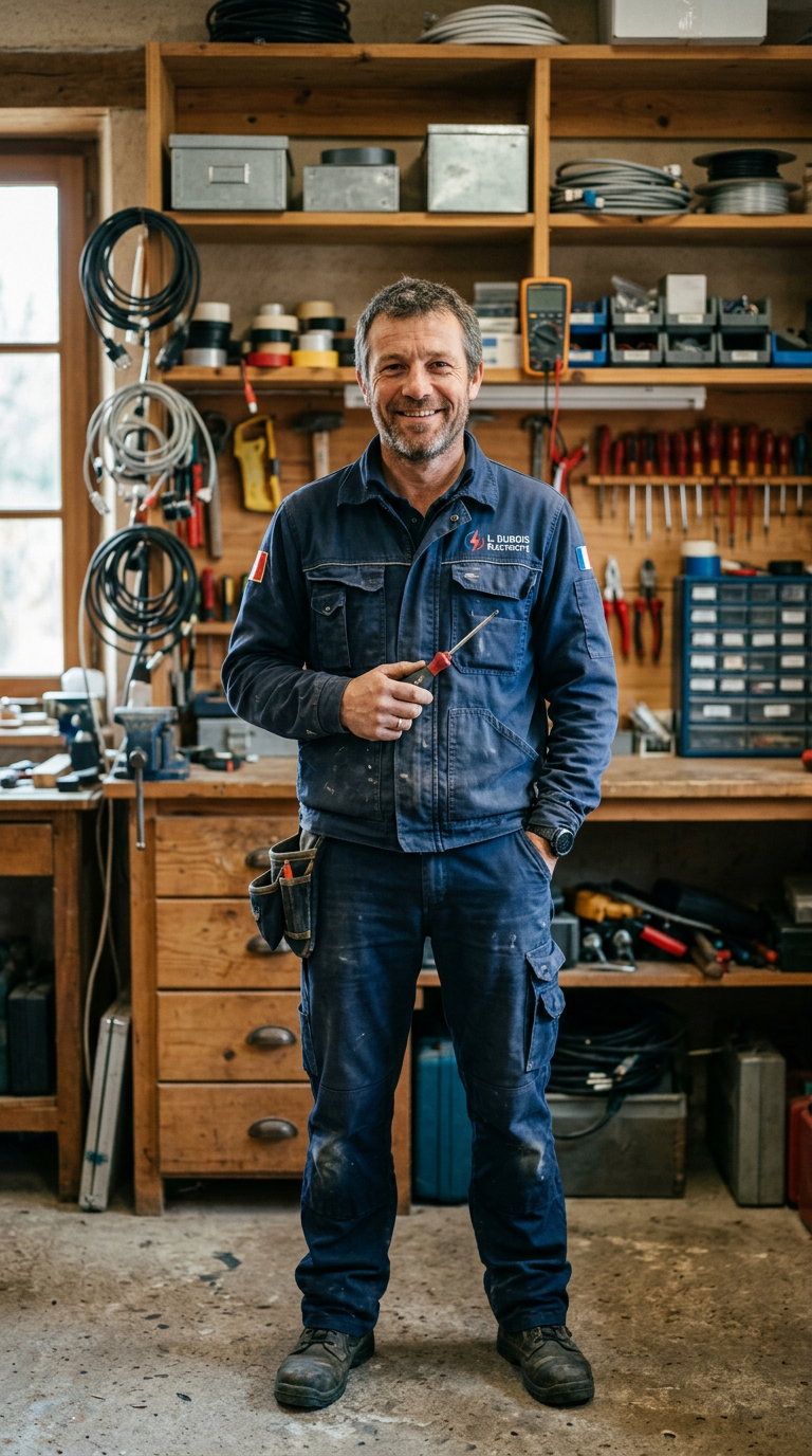Un électricien artisan dans son atelier, souriant, un tournevis à la main