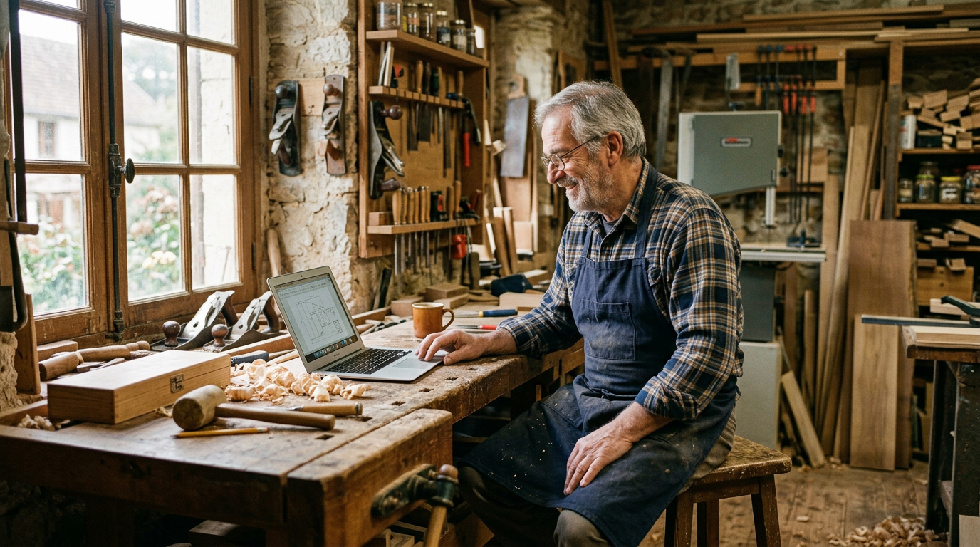 Un menuisier artisan regarde l’aperçu de son site sur son ordinateur portable, dans son atelier